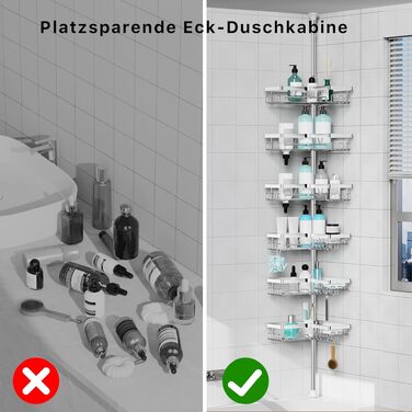 Телескопічна кутова полиця для душу KEGII (6 ярусів) — розсувна стійка для ванної кімнати, регульована висота 63.5-290 см, без свердління, з гачками, срібляста
