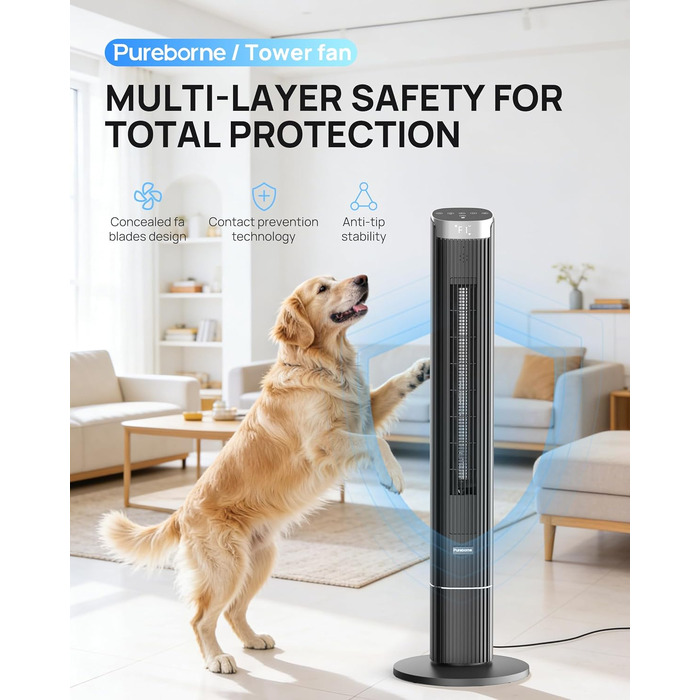 Вентилятор вежовий Leiser Smart 25дБ з осциляцією 90°, 4 режими, таймер 12 год, 109 см, чорний