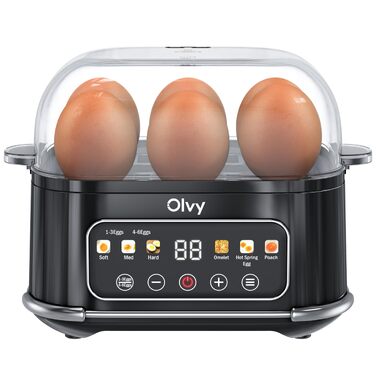 Електричний відварювач яєць Olvy з LCD-таймером на 6 яєць, чорний — пароварка для сніданків, що миється в посудомийній машині