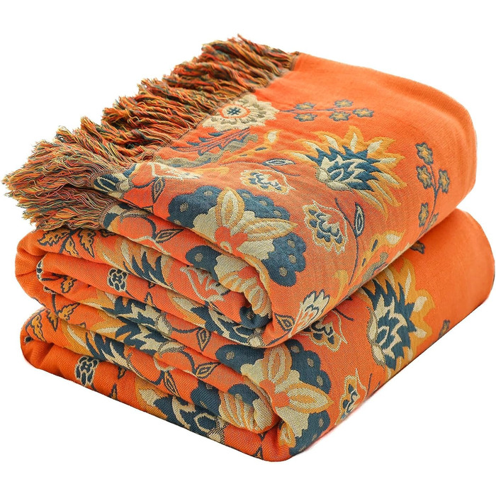HOORDRY плед з бавовни двосторонній Boho, покривало з китицями 230×250 см, м'яка тепла ковдра для дивану, ліжка чи крісла, зелено-оранжева