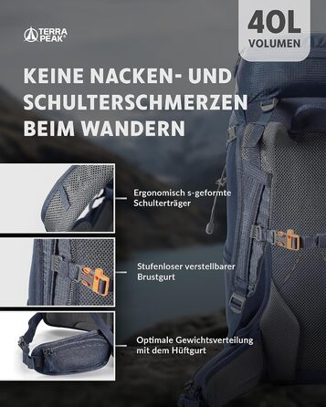 Туристичний рюкзак Terra Peak 40 л з вентильованою спинкою, тримачем для питної системи та дощовиком, для походів і одноденних виїздів, темно-синій
