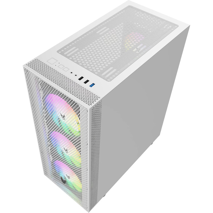 Oversteel Azurite ігровий корпус для ПК, білий, ATX/Micro ATX/ITX, 4 вентилятори 120 мм A-RGB, сітчаста передня панель, загартоване скло, USB 3.0, вертикальний монтаж