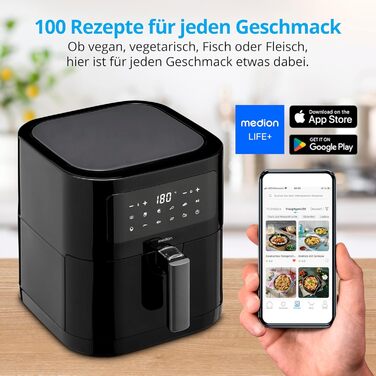 Аерофритюрниця MEDION E40 XL, 5.2 л, 2150 Вт, 9 програм, без олії, сенсорне керування, чорна