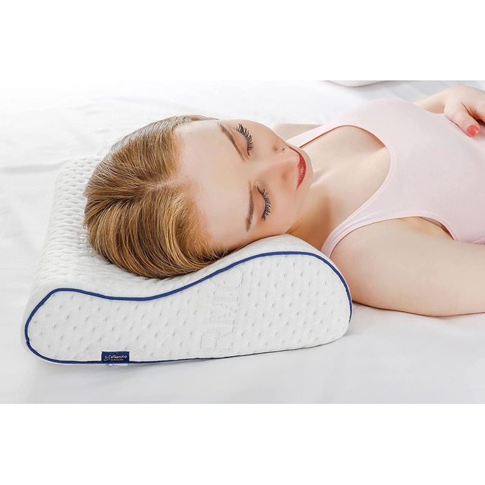 Подушка для подорожей Alkamto з ергономічною формою, memory foam, температурний контроль, додатковий бавовняний чохол, сумка для транспортування, 35x30x10/8 см, біла, для кемпінгу та сну