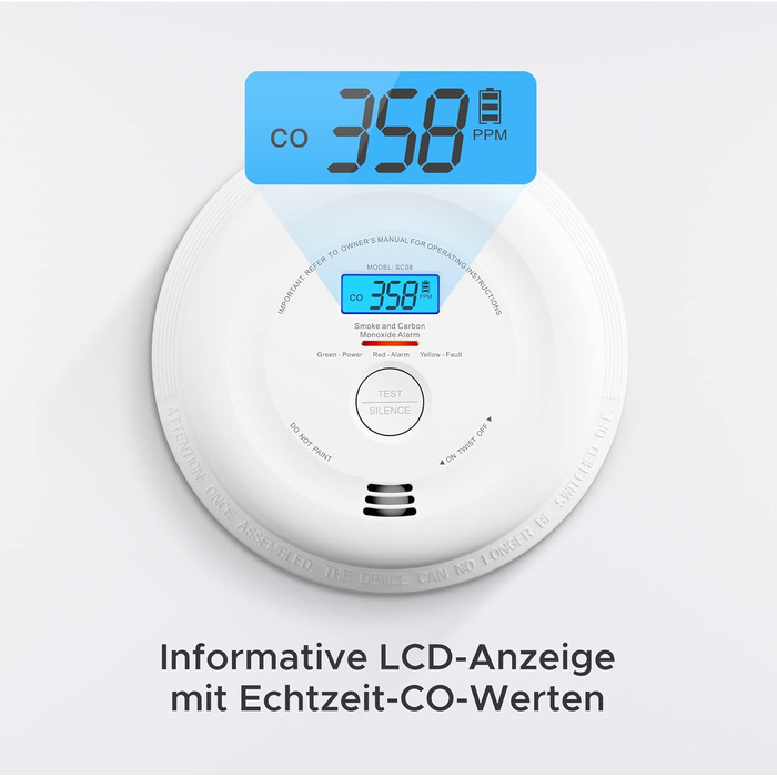 X-Sense SC07 Детектор диму та CO, автономний, 10 років, LCD-дисплей, кнопка тестування, 360° моніторинг, автоматична перевірка