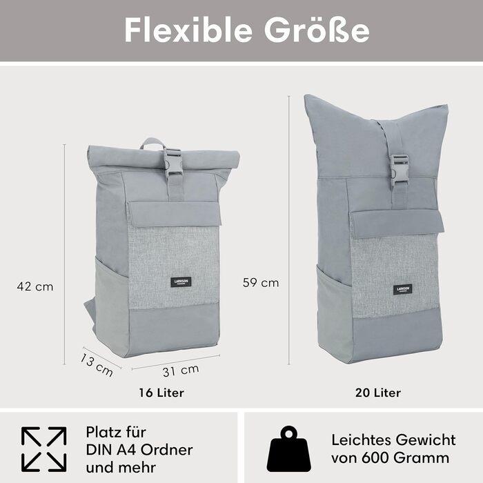 Рюкзак LARKSON Rolltop для жінок і чоловіків, з відділенням для ноутбука, універсальний для роботи, навчання, подорожей, велосипеду, водовідштовхувальний, сірий, великий розмір