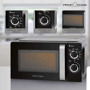 Мікрохвильова піч з грилем ProfiCook PC-MWG 1208, 17 л, 900 Вт гриль, 700 Вт мікрохвилі, 6 режимів, таймер 30 хв, чорна