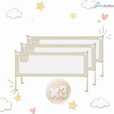 Комплект захисних бортиків для дитячого ліжка Primabobo (3 шт: 2x200 см + 1x160 см), бар'єр від випадання з ліжка, бежевий