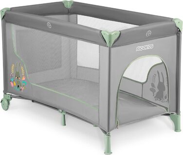 Дитяче ліжечко-манеж Ricokids, складне, з матрацом, 125x65x78 см, 15 кг, дві колеса з гальмами, знімний бічний вхід, сумка, світло-сірий та м'ятний колір