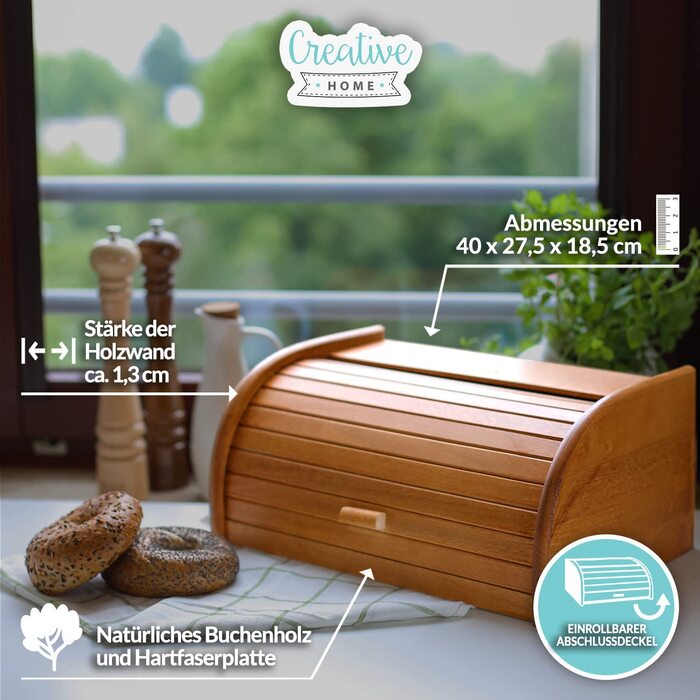 Дерев'яна хлібниця Creative Home Erle з роликовою кришкою, 38x28,5x17,5 см, натуральна, для хліба, булочок та випічки, стильна хлібна скриня для кухні