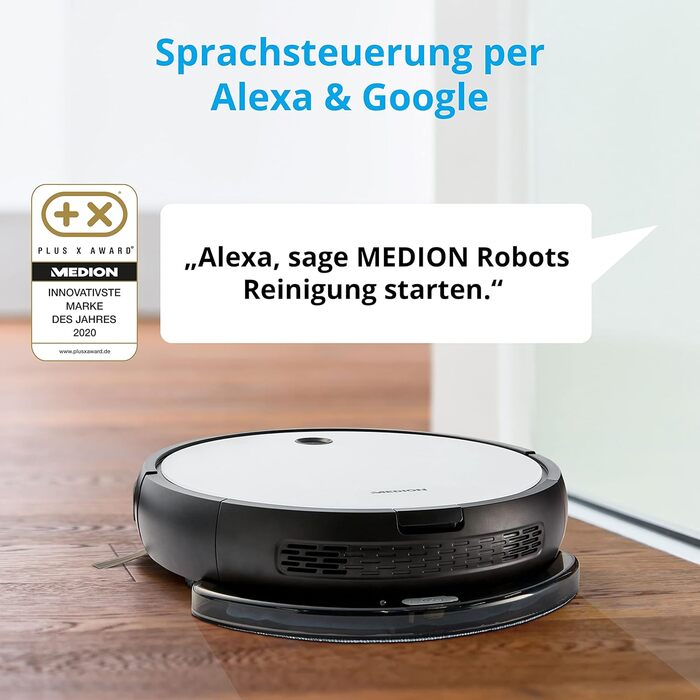 Робот-пилосос MEDION MD 19601 з функцією вологого прибирання, Wi-Fi, керування через додаток, сумісний з Alexa, інтелектуальна навігація, зарядна станція, підходить для шерсті тварин та алергіків