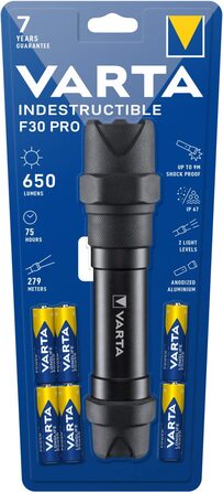 Ліхтарик VARTA Indestructible F30 Pro LED 6 Вт з батарейками AA, робочий, надміцний, водо- та пилозахищений, два режими освітлення