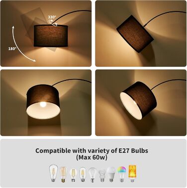 Торшер-арка Modlicht JASMIN з LED E27, чорний текстиль, 33 см, вінтаж, для вітальні, спальні, готелю