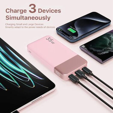 Power Bank Nobis 10000mAh з цифровим дисплеєм, USB-C, 35W, PD/QC, рожевий
