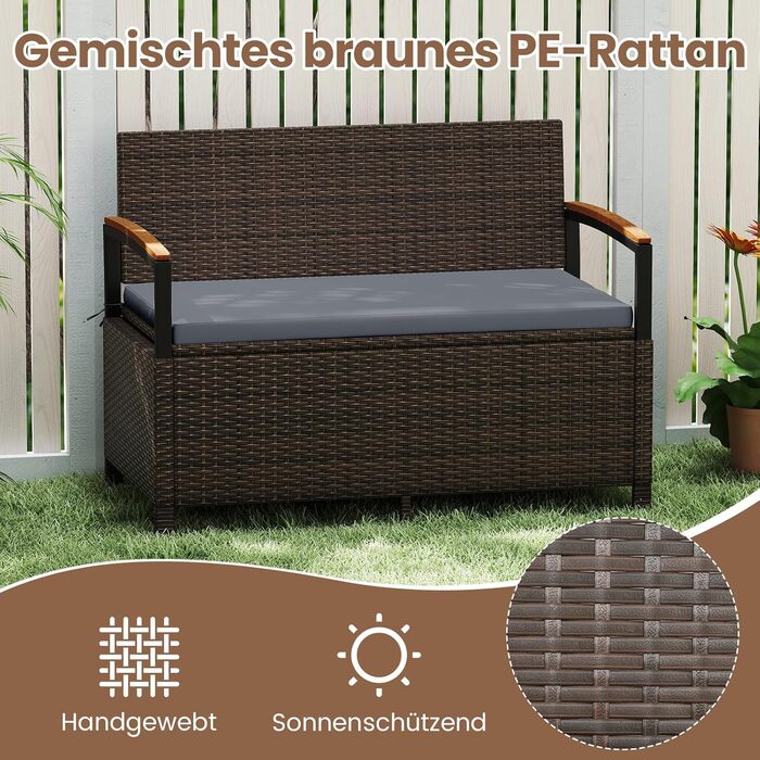 Лавка садова Costway з ротангу Polyrattan, з ящиком для зберігання, 2-місна, сіра (120x61x84 см) для балкона, тераси, саду з подушками