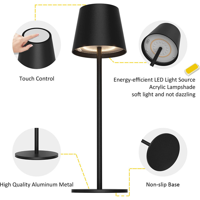 K-Bright LED акумуляторна настільна лампа, димована, бездротова, тепле світло 3000K+RGB, USB-C, алюміній, IP54, чорна, 2 шт.