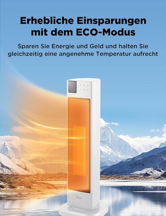 Керамічний обігрівач Midea NTH20-22ER(WH), 2000 Вт, з термостатом і дистанційним керуванням, енергозберігаючий, 2 режими нагріву, таймер 24 години, ECO-режим, осциляція 75°, для великих приміщень, білий