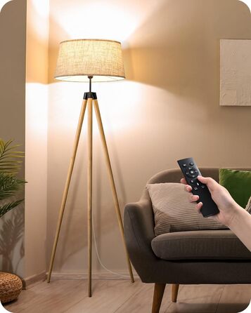 Торшер EDISHINE з диммером, тринога з дерева, дистанційне керування, LED E27, таймер, 3 кольори світла, льняний абажур, вінтажний стиль, для вітальні