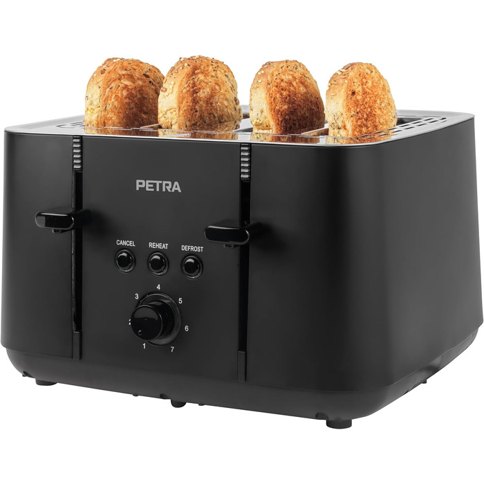 Тостер Petra PT5565MBLKVDE на 4 тости, 1850 Вт, чорний, 7 режимів, функції розморожування, повторного нагріву і відміни, антизастрягальна система, висувний лоток для крихт, самовирівнювання тостів