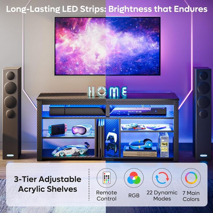 Стійка під телевізор Bestier 70" з підсвіткою LED, тумба для PS5, сучасний ТВ-шаф для вітальні/спальні (140x33.8x61.5 см, чорна карбонова текстура)