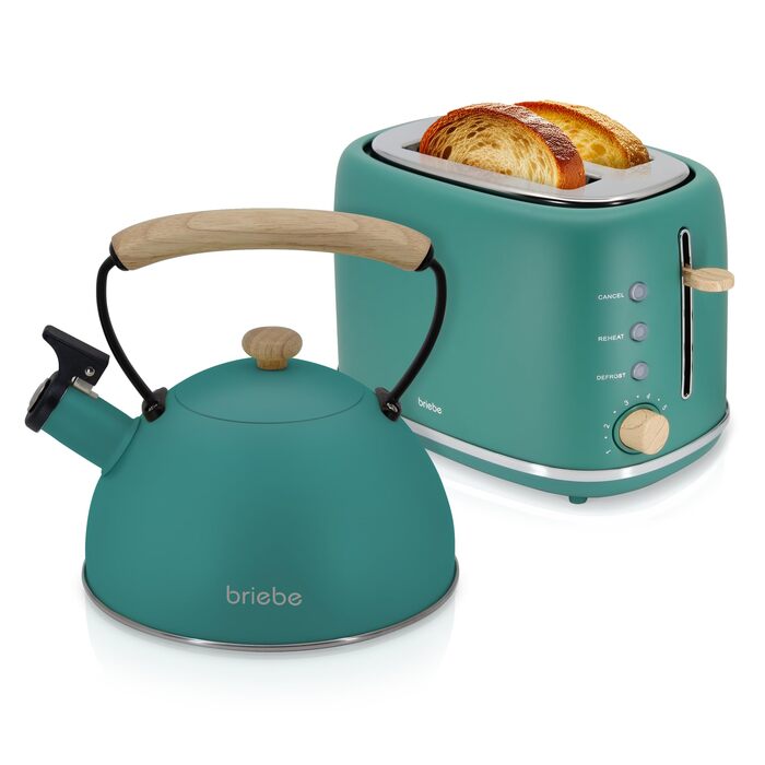Тостер Briebe Nordic Set 2-слотовий з підставкою для булочок, 6 рівнів підсмажування + Електричний чайник індукційний 2.3л, нержавіюча сталь, без BPA, Набір для сніданку в скандинавському дизайні (Зелений)
