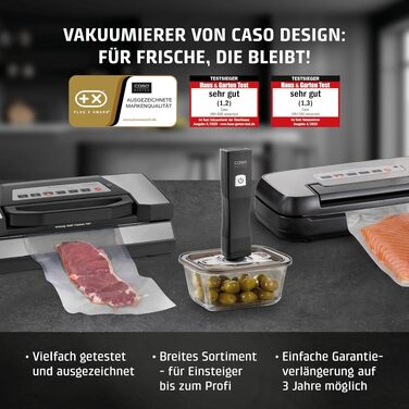 Вакууматор CASO Vacu OneTouch Eco-Set: бездротовий ручний пристрій з 3 скляними контейнерами, 10 ZIP-пакетами та стікерами Food Manager, акумуляторний, чорний