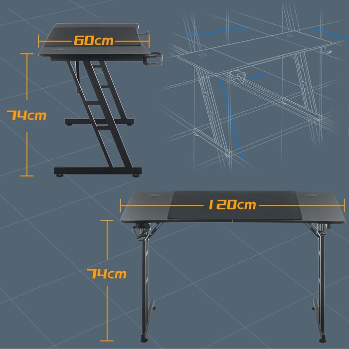 Ігровий стіл AufuN 120x60 см з LED підсвіткою, гачком для навушників і підсклянником, стійкий комп'ютерний стіл для геймерів та роботи