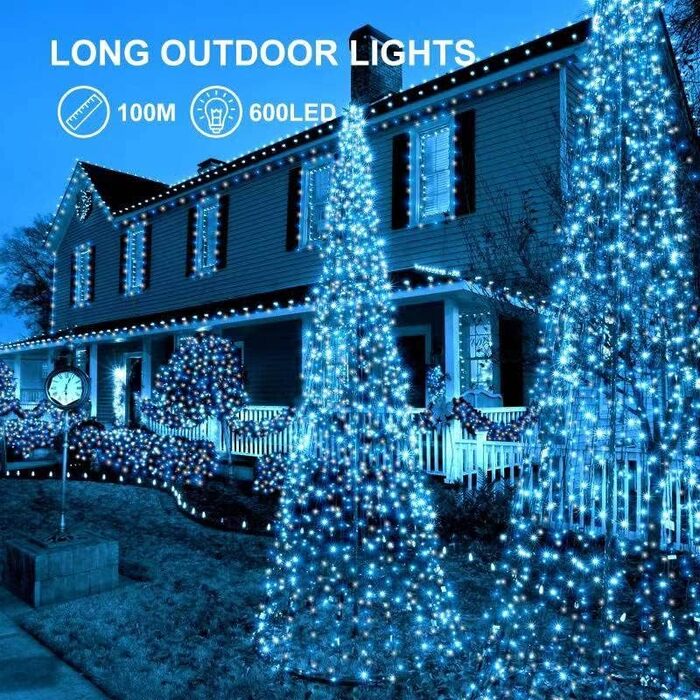 Гірлянда святкова 100 метрів, вологостійка, для дому та саду, з пультом та таймером, 8 режимів, біла/блакитно-біла