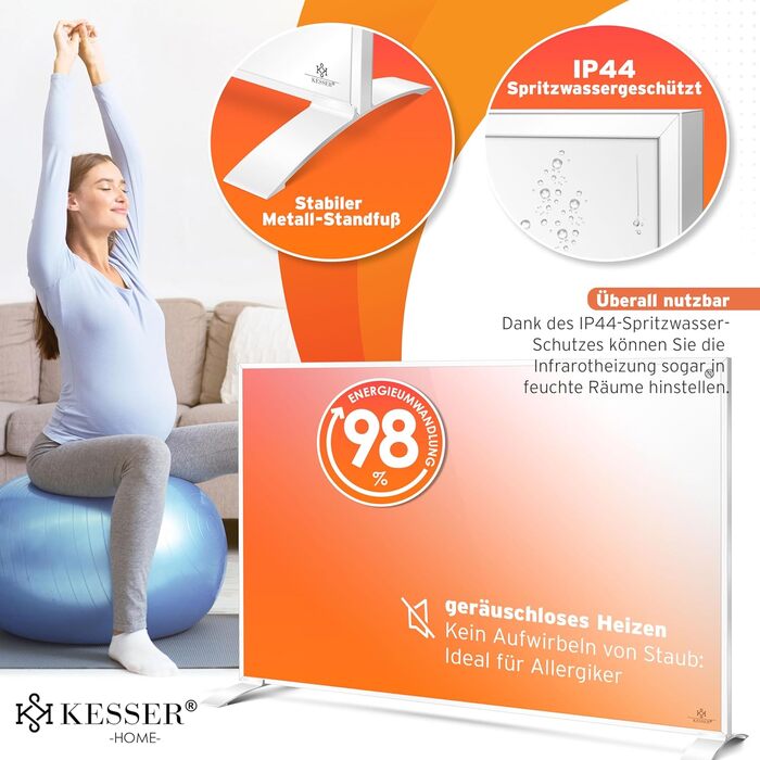 Інфрачервоний обігрівач KESSER 550Вт: електрична панель з дистанційним керуванням, термостатом та App-керуванням (настінний/підлоговий), білий