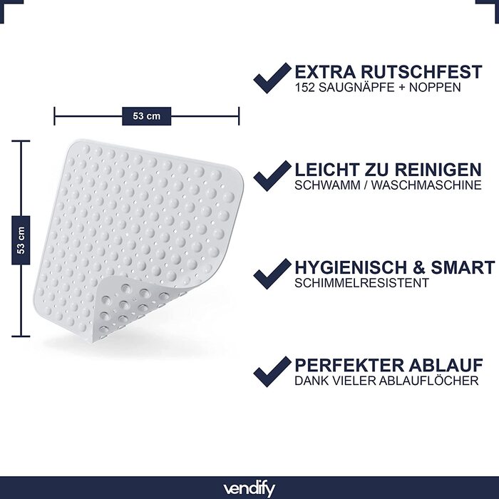 Vendify® Преміум килимок для душу 53x53 см, протиковзкий, квадратний, 152 присоски, для ванни та душової, без BPA, стійкий до цвілі, машинне прання, сірий