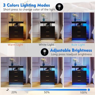 Lvifur LED тумба з підсвіткою, зарядкою та сенсором, 3 ящики, USB Type-C, біла, глянцева, для спальні