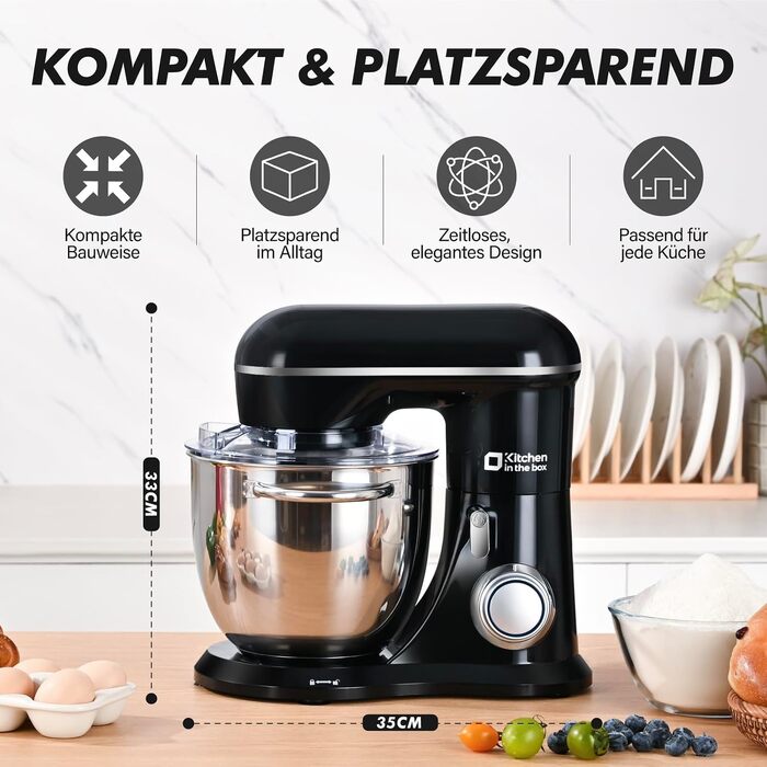Кухонний комбайн Kitchen in the box Kompakte — планетарний міксер та тістоміс 3.5-5л, 10 швидкостей, з насадками (гак, вінчик, міксер), чорний
