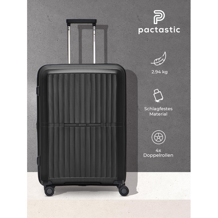 Легкий жорсткий валізний чемодан Pactastic, середній, 45x26x67 см, розширюваний до 80 л, 3,5 кг, поліпропілен, 4 подвійні колеса, замок TSA, чорний металік