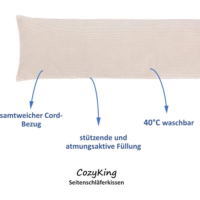 Подушка для сну на боці 200x40 см Cord Beige/Cream, Öko-Tex, 40°C, вагітним та для годування