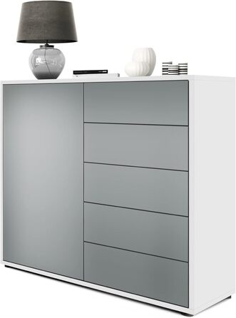 Комод Vladon Ben V2, 79x74x36 см, 1 дверцята, 5 шухляд, білий матовий/авола-антрацит, Німеччина
