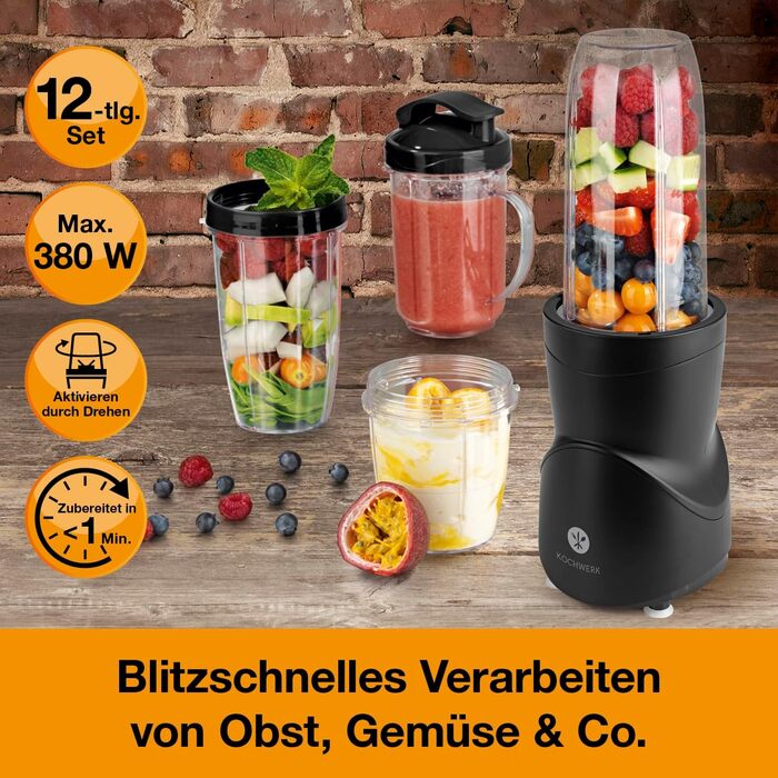 Блендер KOCHWERK Smoothie Maker 12-в-1, 4 чаші, To-Go кришка, подрібнення льоду, для фруктів, овочів і горіхів, міні-стаціонарний, BPA-Free, чорний