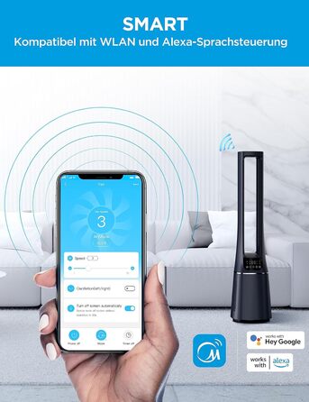 Midea MFP-120i (BL) Тихий турмовентилятор 2-в-1 з очищувачем повітря HEPA H13, LED-дисплей, дистанційне керування, осциляція, таймер 12 годин, Wi-Fi, сумісний з Alexa/Google, для приміщень до 47,6 м²