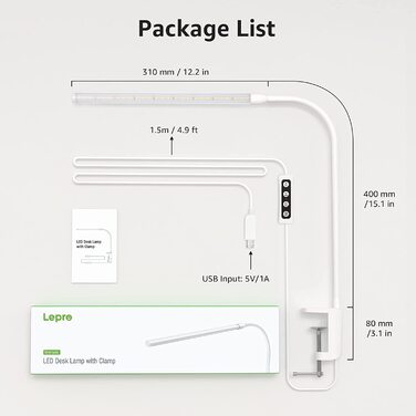 Lepro LED настільна лампа з кліпсою, архітекторська лампа зі згинаним кронштейном, настільна лампа з USB, захистом для очей, 3 кольори та 10 рівнів яскравості, для офісу, біла