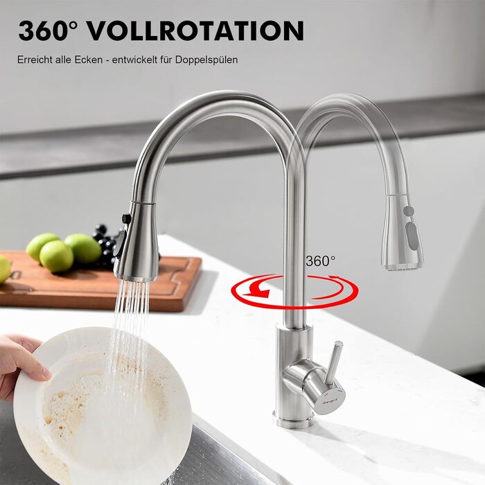 Змішувач кухонний Ibergrif висувний, високий, з душем, нержавіюча сталь, поворотний на 360°, одноричажний