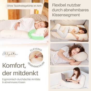 Подушка для вагітних та годування XL для сну на боці, з наповнювачем Memory Foam та чохлом з 100% бавовни, бежева