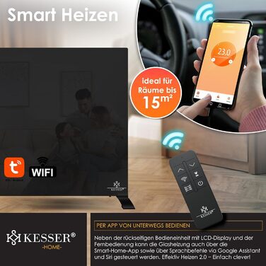 Інфрачервоний обігрівач KESSER 600 Вт, скляний конвектор, енергоощадний, 2-в-1: підлоговий і настінний, електрообігрівач з датчиком відкритого вікна, термостатом, дистанційним керуванням і керуванням через додаток, чорний