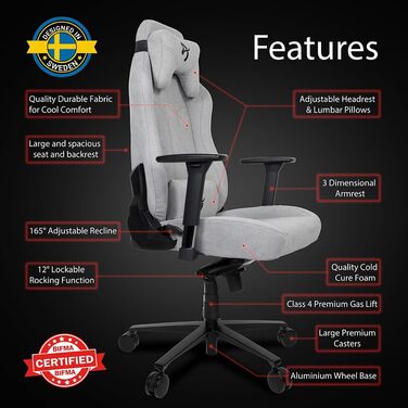 Ігрове крісло Arozzi Vernazza SoftFabric™ світло-сіре, ергономічне, преміум-оббивка, для комп’ютера, офісу, регульоване, з підтримкою попереку та шиї, велике