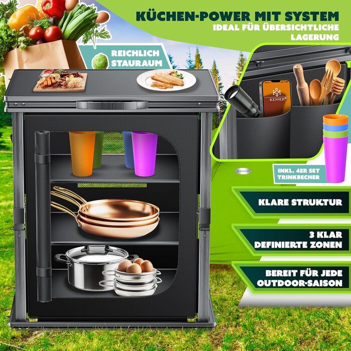 KESSER® Кухня для кемпінгу складана | Шафа для кемпінгу на 84x80 см | Кухонна шафа з алюмінієвим каркасом, 6 відділень (вкл. набір з 4 склянки), бічні кишені та москітна сітка | Кухня для кемпінгу з UV-стійкої тканини, 6 полиць (3 полиці чорного кольору)