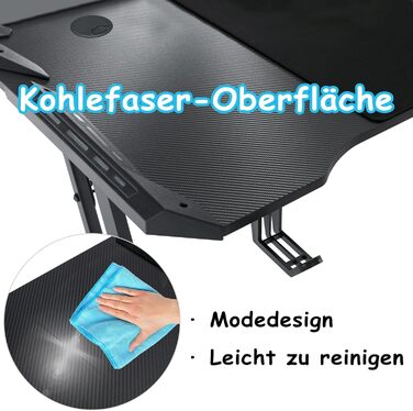 Ігровий стіл XMTECH 140x60 см з RGB LED, карбонова поверхня, ергономічний, з тримачем для навушників та підставкою для напоїв, чорний