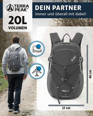 Рюкзак Terra Peak Flex 20 Premium 20 л з вентиляцією спини, питною системою та дощовиком – туристичний рюкзак з дихаючого 3D Air Mesh поліестеру з поясом на стегна для походів та активного відпочинку