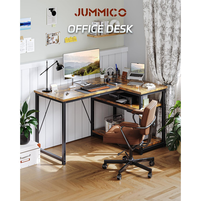 Кутовий комп'ютерний стіл JUMMICO L-подібний 100x80 см з полицями, офісний стіл для дому та роботи, коричневий