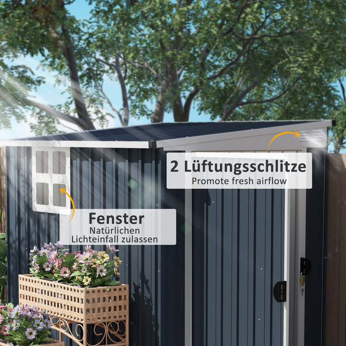 Outsunny Металевий садовий сарай 2,7 м² 128x193x181 см Садовий сарай з моноскатним даховим вікном Двері, що замикаються, стійкий до погодних умов Садовий сарай на відкритому повітрі для заднього двору Темно-сірий