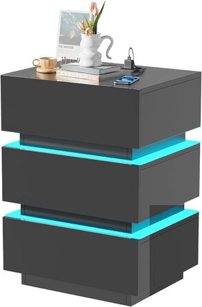 Тумба приліжкова Lvhecforhm з LED підсвіткою, USB та розетками, 16 кольорів, чорний глянець, з відкритими полицями