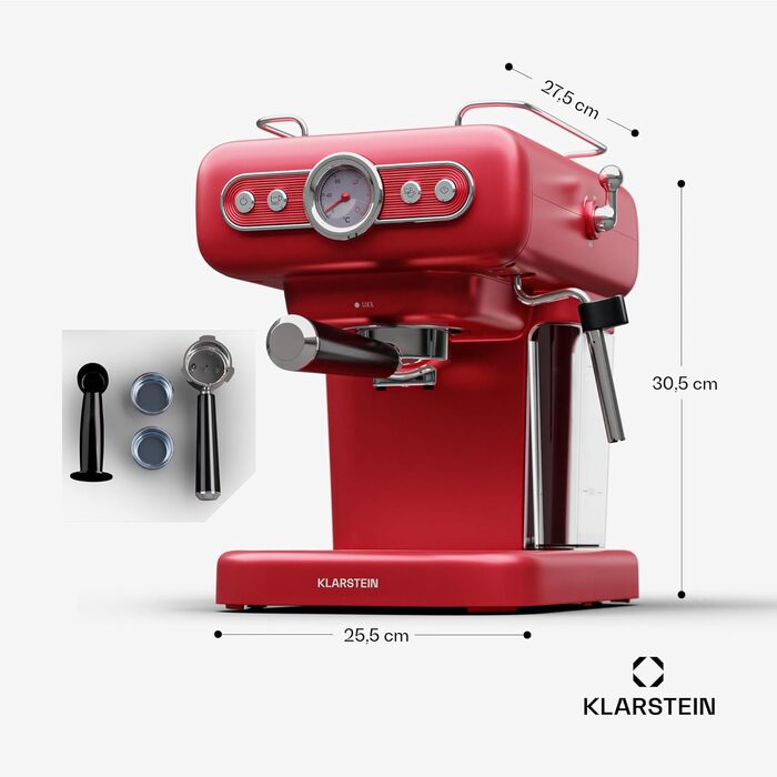 Кавомашина еспресо Klarstein Espressionata evo з капучинатором, 1.2л, 950 Вт, нержавіюча сталь, червона – ретро міні-кавоварка для капучино, лате та макіато