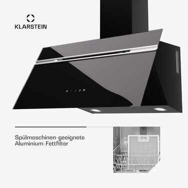 Витяжка для кухні Klarstein Alina 80 см, чорна: потужність 600 м³/год, сенсорне керування Touch Control, LED-підсвітка, режим рециркуляції та відведення повітря, клас енергоефективності A